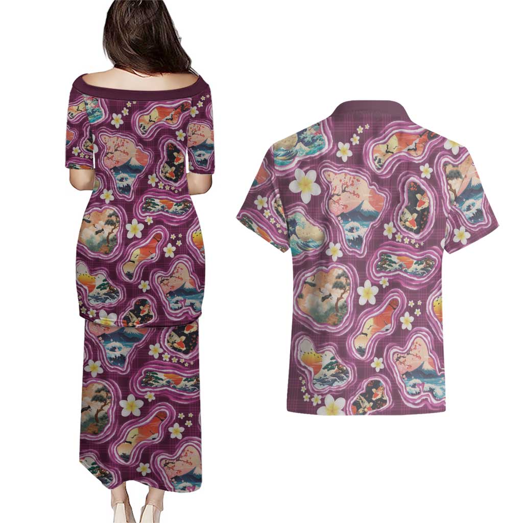 Hawaii Islands Map Design with Japanese Landscape Couples Matching Puletasi and Hawaiian Shirt Hawaiian Japan Fusion Art Pink Color LT03 - Polynesian Pride