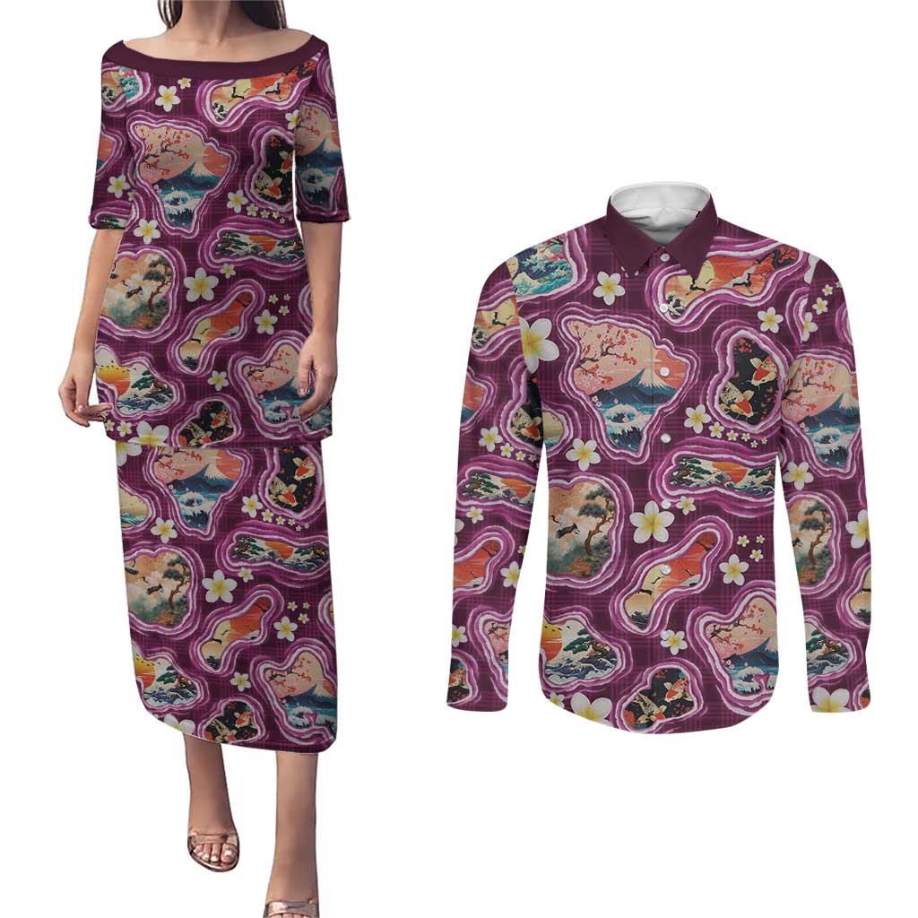 Hawaii Islands Map Design with Japanese Landscape Couples Matching Puletasi and Long Sleeve Button Shirt Hawaiian Japan Fusion Art Pink Color LT03 Pink - Polynesian Pride