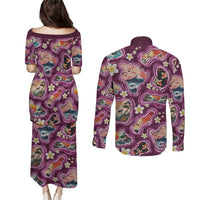 Hawaii Islands Map Design with Japanese Landscape Couples Matching Puletasi and Long Sleeve Button Shirt Hawaiian Japan Fusion Art Pink Color LT03 - Polynesian Pride