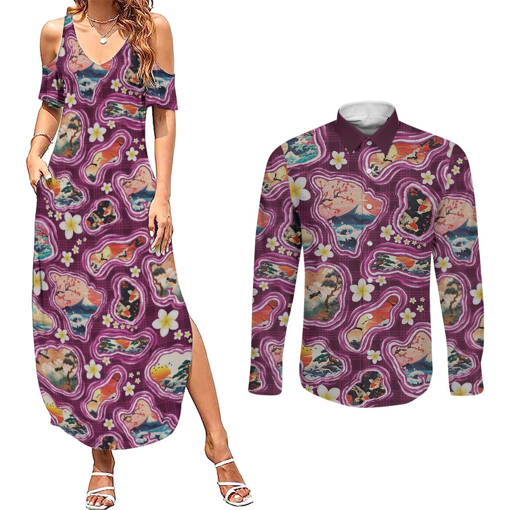 Hawaii Islands Map Design with Japanese Landscape Couples Matching Summer Maxi Dress and Long Sleeve Button Shirt Hawaiian Japan Fusion Art Pink Color LT03 Pink - Polynesian Pride