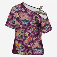 Hawaii Islands Map Design with Japanese Landscape Cross Shoulder Shirt Hawaiian Japan Fusion Art Pink Color