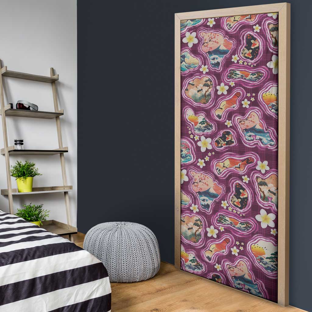 Hawaii Islands Map Design with Japanese Landscape Door Cover Hawaiian Japan Fusion Art Pink Color