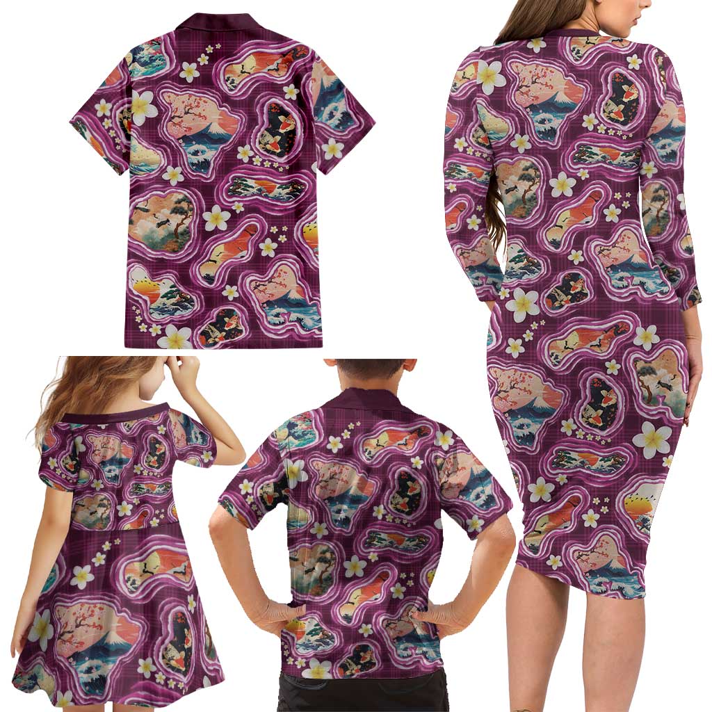 Hawaii Islands Map Design with Japanese Landscape Family Matching Long Sleeve Bodycon Dress and Hawaiian Shirt Hawaiian Japan Fusion Art Pink Color LT03 - Polynesian Pride