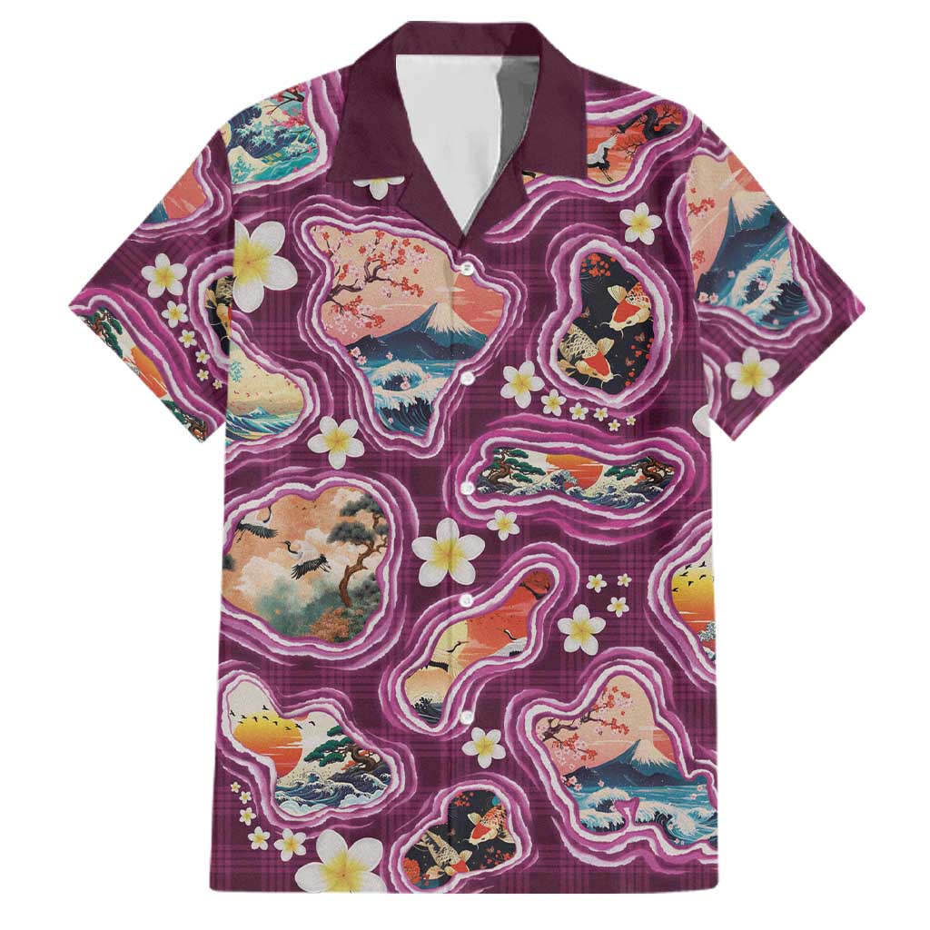 Hawaii Islands Map Design with Japanese Landscape Family Matching Long Sleeve Bodycon Dress and Hawaiian Shirt Hawaiian Japan Fusion Art Pink Color LT03 Dad's Shirt - Short Sleeve Pink - Polynesian Pride