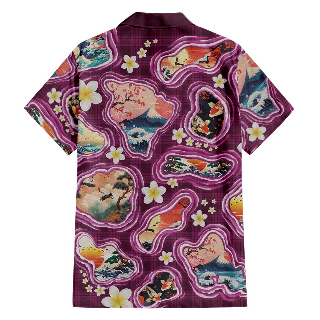 Hawaii Islands Map Design with Japanese Landscape Family Matching Long Sleeve Bodycon Dress and Hawaiian Shirt Hawaiian Japan Fusion Art Pink Color LT03 - Polynesian Pride