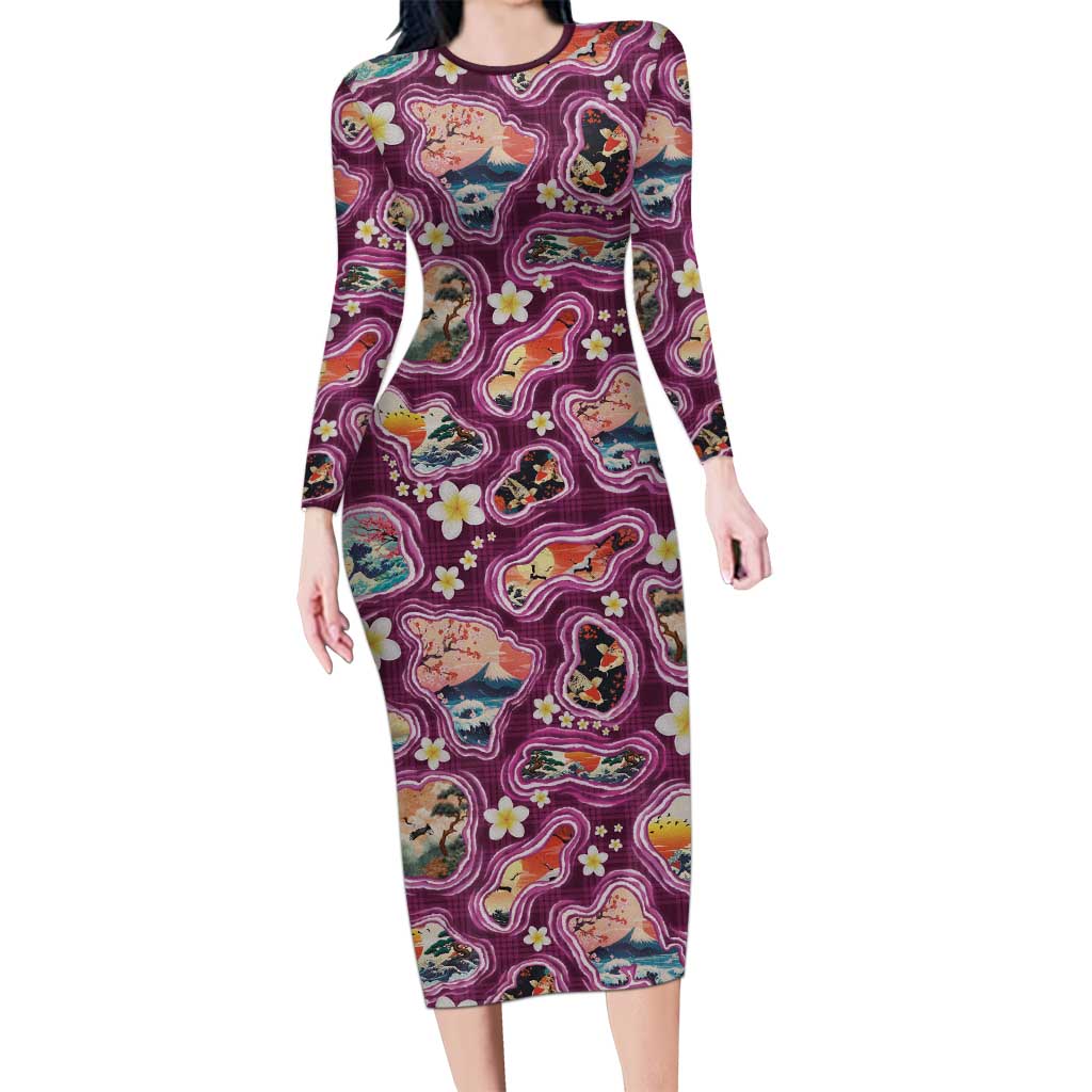Hawaii Islands Map Design with Japanese Landscape Family Matching Long Sleeve Bodycon Dress and Hawaiian Shirt Hawaiian Japan Fusion Art Pink Color LT03 Mom's Dress Pink - Polynesian Pride