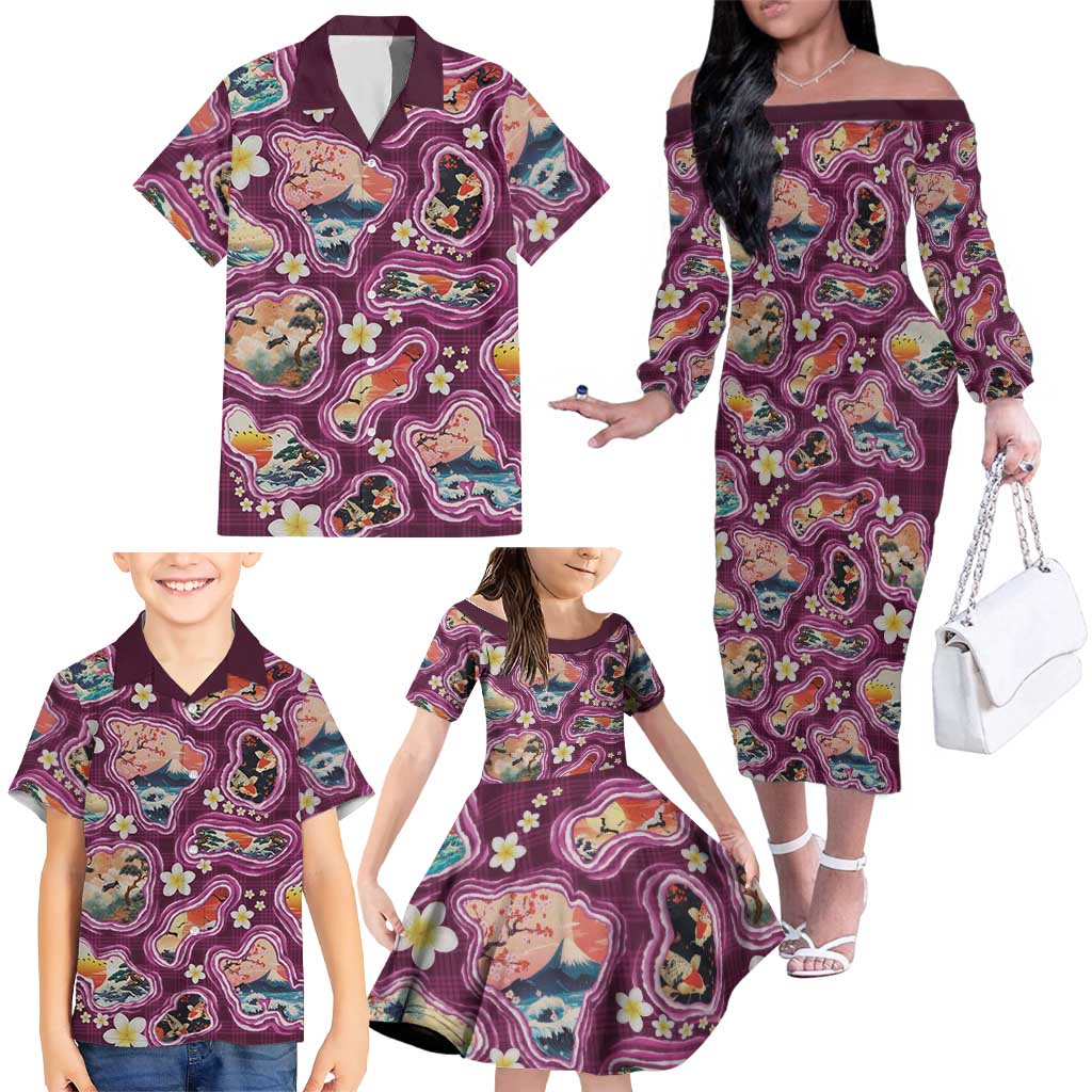 Hawaii Islands Map Design with Japanese Landscape Family Matching Off The Shoulder Long Sleeve Dress and Hawaiian Shirt Hawaiian Japan Fusion Art Pink Color