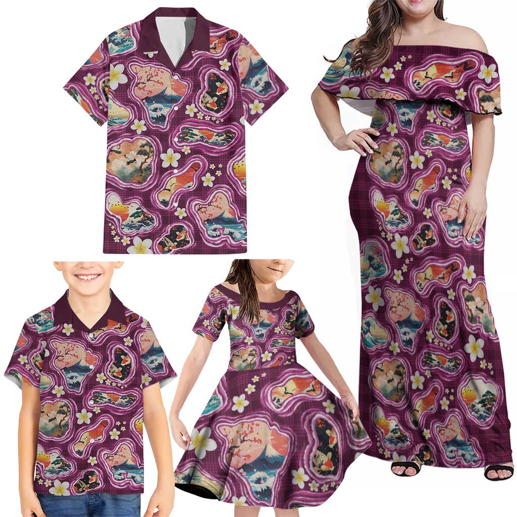 Hawaii Islands Map Design with Japanese Landscape Family Matching Off Shoulder Maxi Dress and Hawaiian Shirt Hawaiian Japan Fusion Art Pink Color LT03 - Polynesian Pride