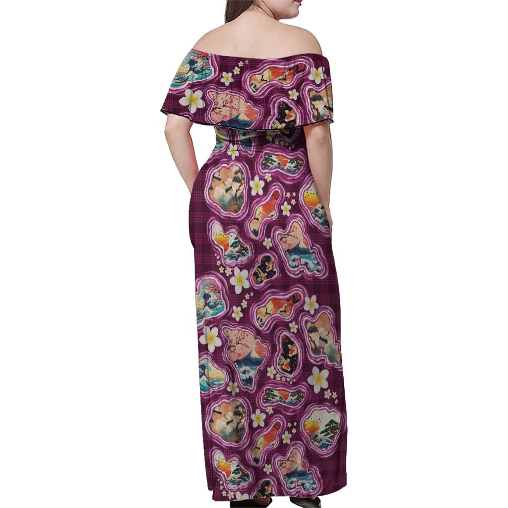 Hawaii Islands Map Design with Japanese Landscape Family Matching Off Shoulder Maxi Dress and Hawaiian Shirt Hawaiian Japan Fusion Art Pink Color LT03 - Polynesian Pride
