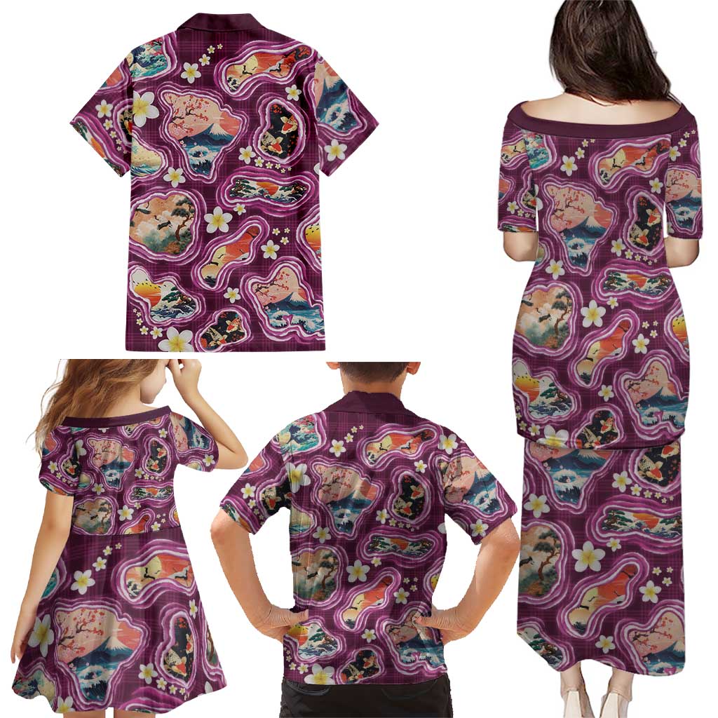 Hawaii Islands Map Design with Japanese Landscape Family Matching Puletasi and Hawaiian Shirt Hawaiian Japan Fusion Art Pink Color LT03 - Polynesian Pride