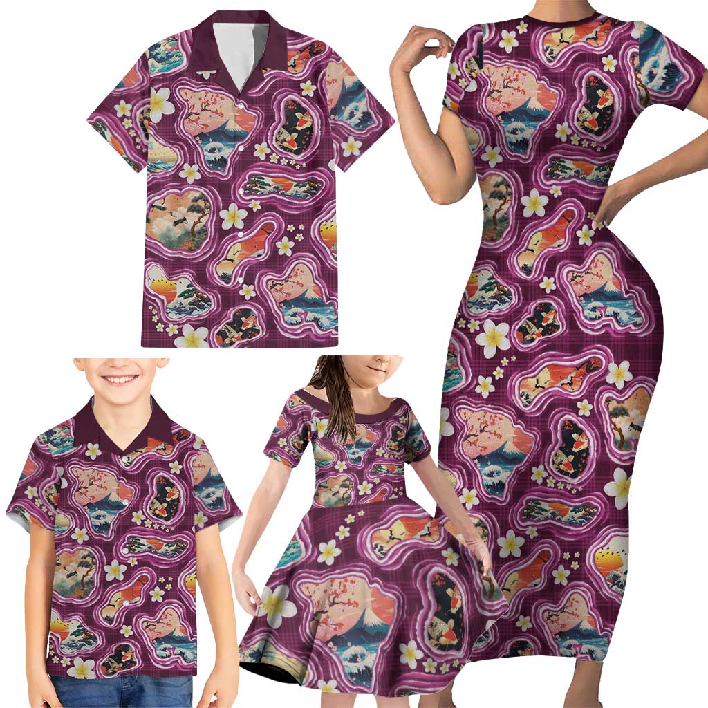 Hawaii Islands Map Design with Japanese Landscape Family Matching Short Sleeve Bodycon Dress and Hawaiian Shirt Hawaiian Japan Fusion Art Pink Color LT03 - Polynesian Pride