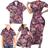 Hawaii Islands Map Design with Japanese Landscape Family Matching Short Sleeve Bodycon Dress and Hawaiian Shirt Hawaiian Japan Fusion Art Pink Color LT03 - Polynesian Pride