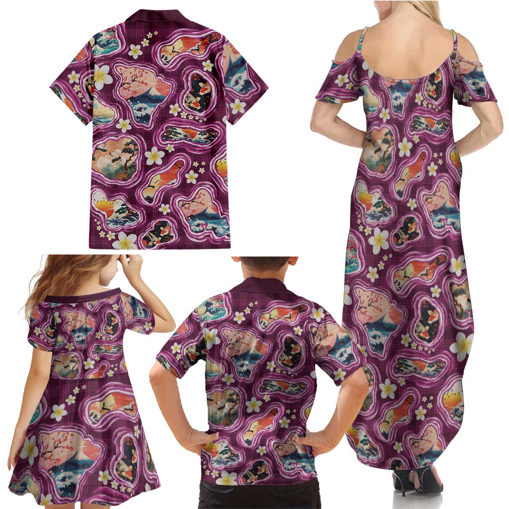 Hawaii Islands Map Design with Japanese Landscape Family Matching Summer Maxi Dress and Hawaiian Shirt Hawaiian Japan Fusion Art Pink Color LT03 - Polynesian Pride