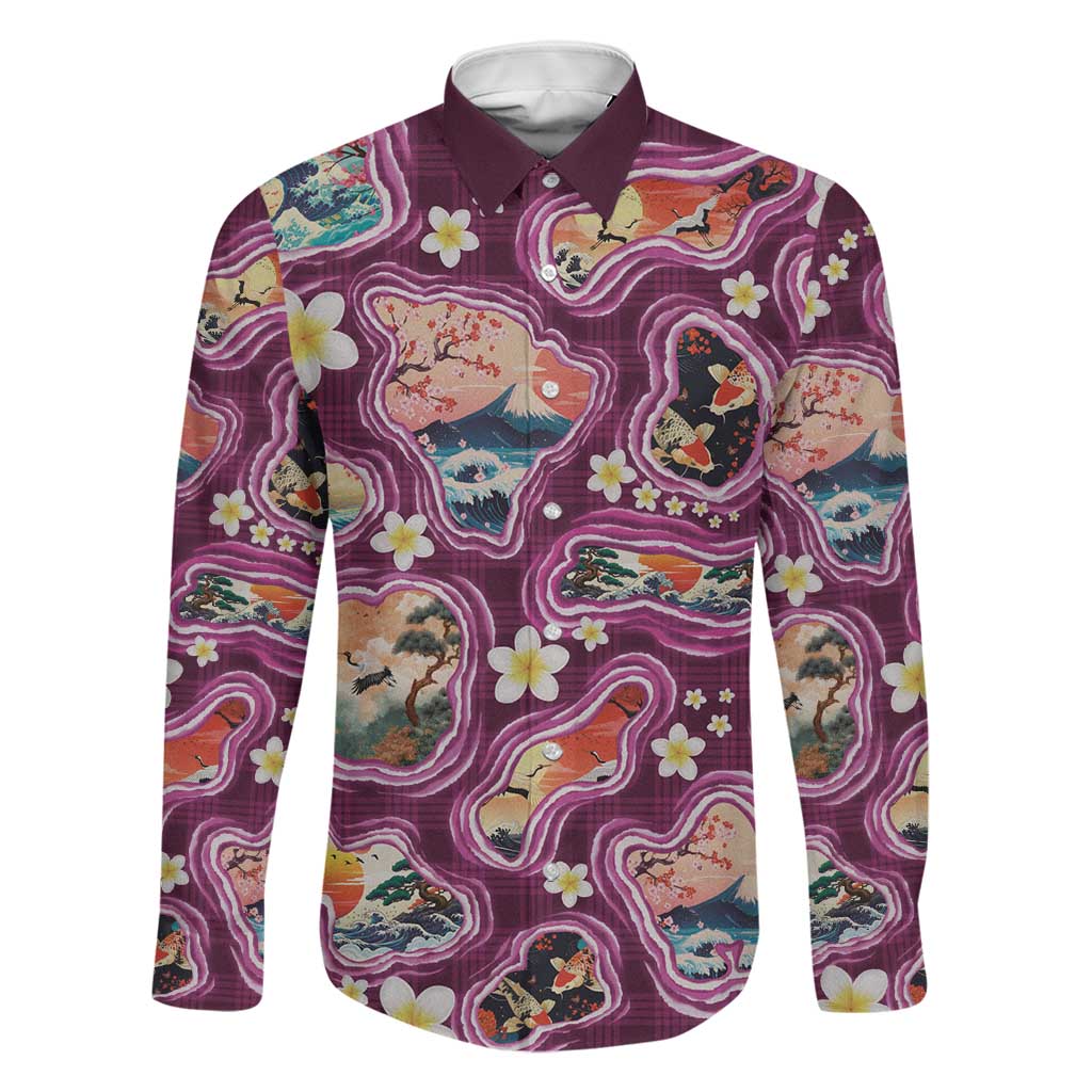 Hawaii Islands Map Design with Japanese Landscape Family Matching Summer Maxi Dress and Hawaiian Shirt Hawaiian Japan Fusion Art Pink Color LT03 Dad's Shirt - Long Sleeve Pink - Polynesian Pride