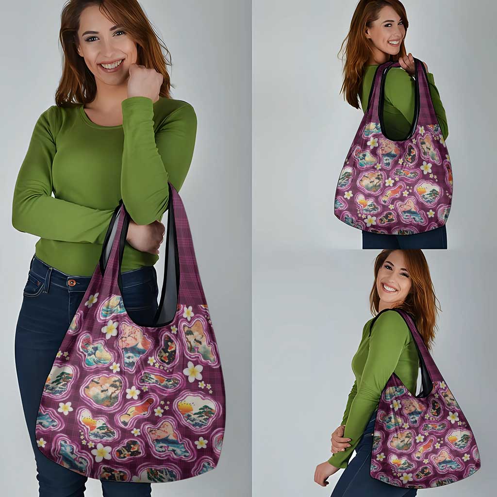 Hawaii Islands Map Design with Japanese Landscape Grocery Bag Hawaiian Japan Fusion Art Pink Color