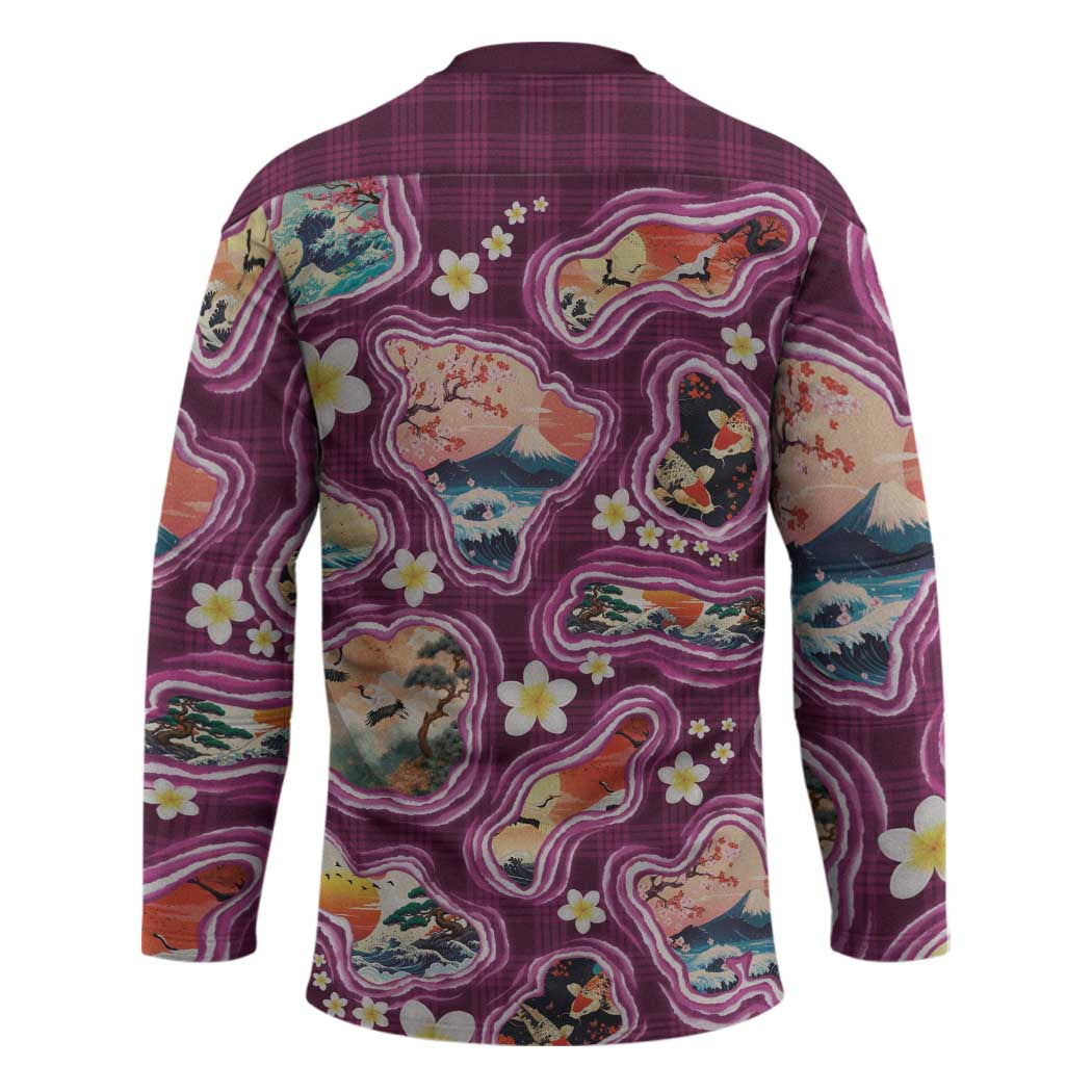Hawaii Islands Map Design with Japanese Landscape Hockey Jersey Hawaiian Japan Fusion Art Pink Color