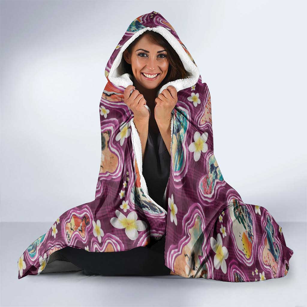Hawaii Islands Map Design with Japanese Landscape Hooded Blanket Hawaiian Japan Fusion Art Pink Color
