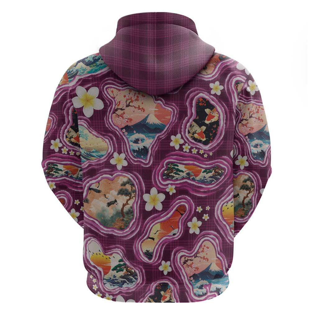 Hawaii Islands Map Design with Japanese Landscape Hoodie Hawaiian Japan Fusion Art Pink Color