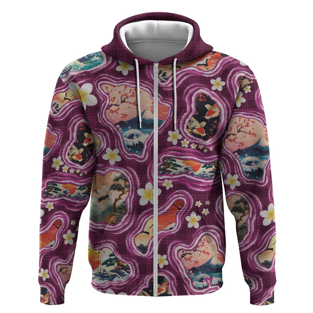 Hawaii Islands Map Design with Japanese Landscape Hoodie Hawaiian Japan Fusion Art Pink Color