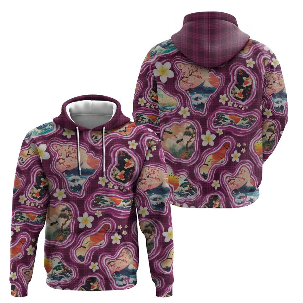 Hawaii Islands Map Design with Japanese Landscape Hoodie Hawaiian Japan Fusion Art Pink Color