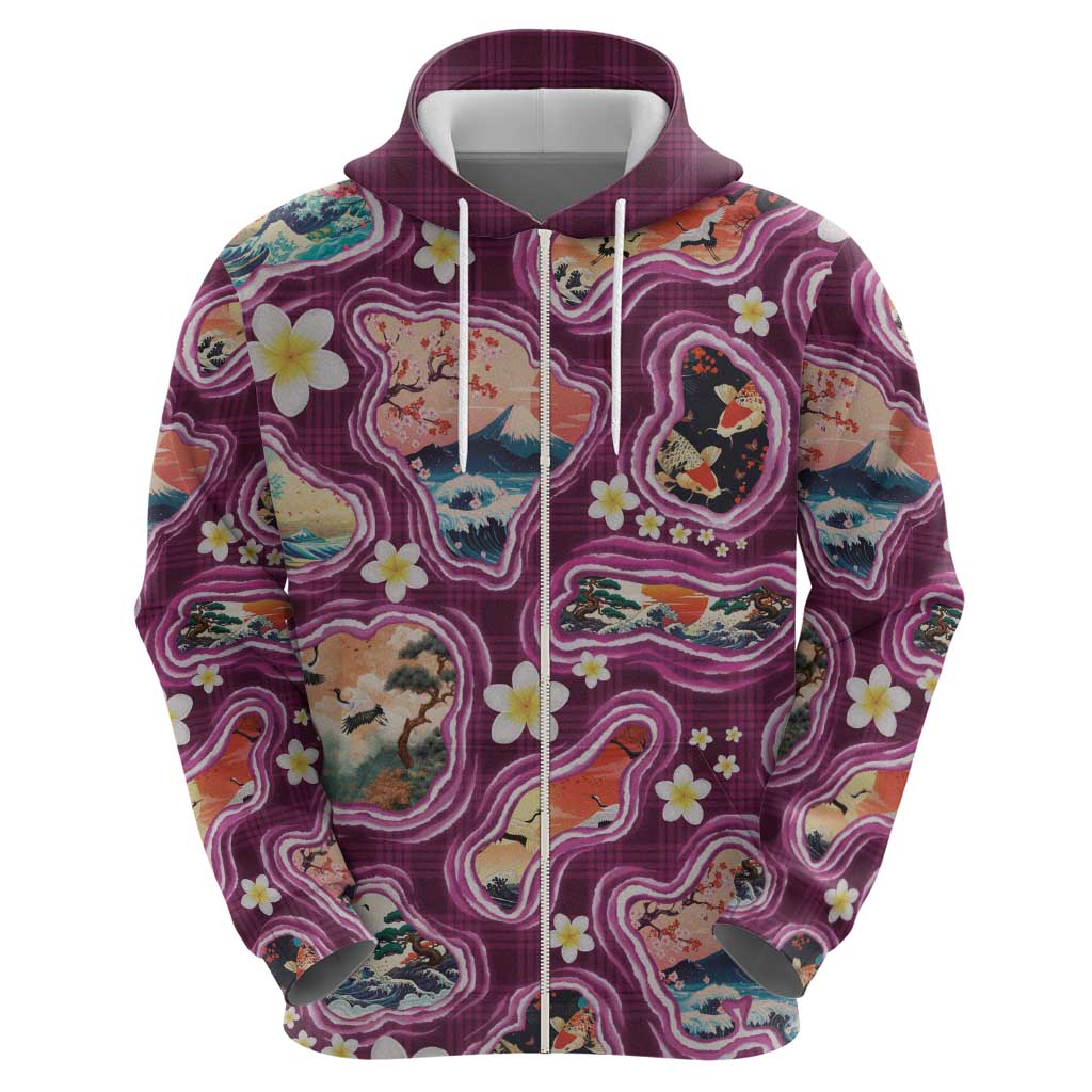 Hawaii Islands Map Design with Japanese Landscape Hoodie Hawaiian Japan Fusion Art Pink Color