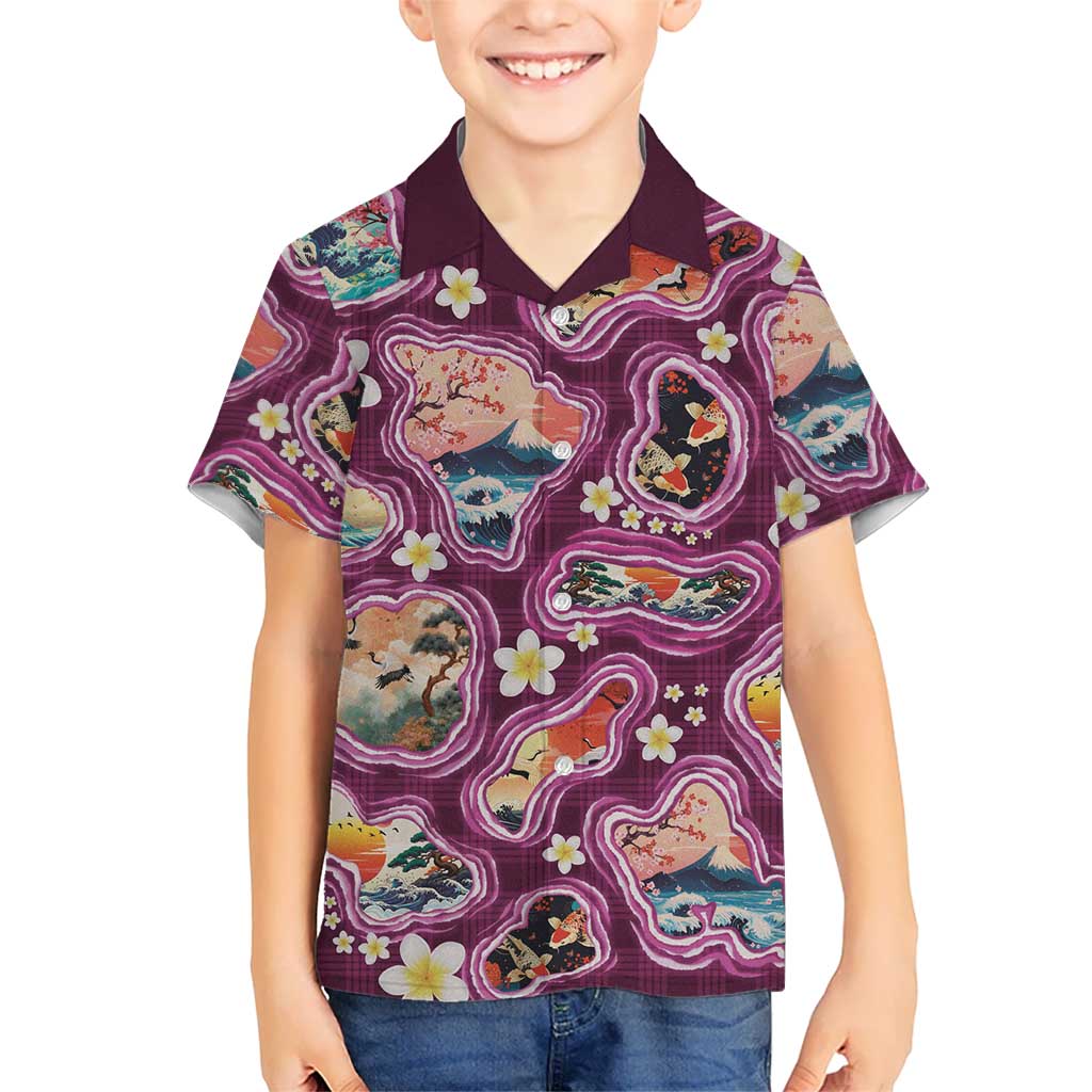 Hawaii Islands Map Design with Japanese Landscape Kid Hawaiian Shirt Hawaiian Japan Fusion Art Pink Color