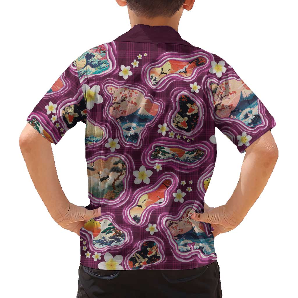 Hawaii Islands Map Design with Japanese Landscape Kid Hawaiian Shirt Hawaiian Japan Fusion Art Pink Color LT03 - Polynesian Pride