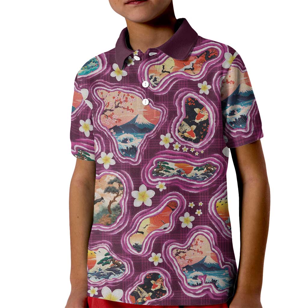 Hawaii Islands Map Design with Japanese Landscape Kid Polo Shirt Hawaiian Japan Fusion Art Pink Color LT03 Kid Pink - Polynesian Pride