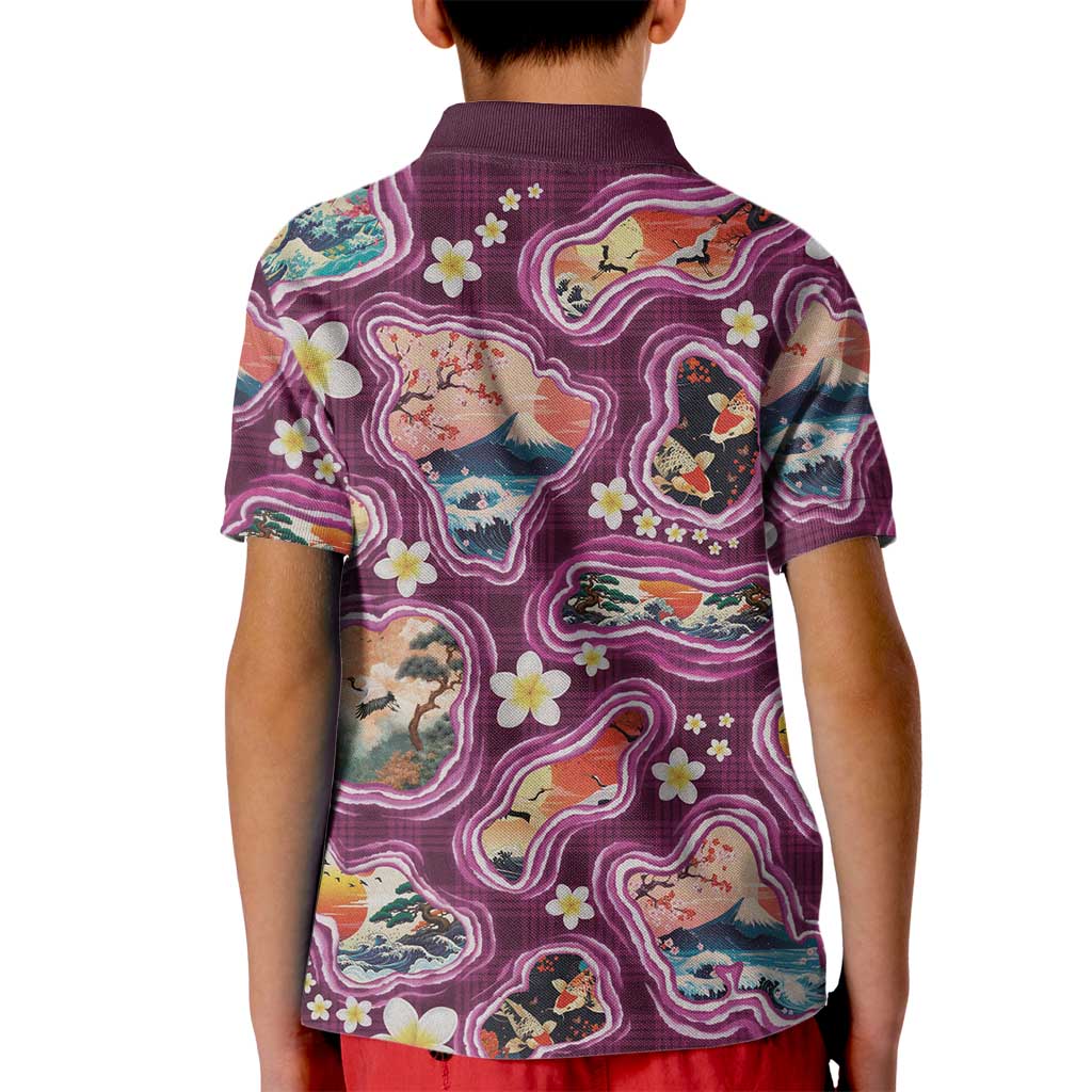 Hawaii Islands Map Design with Japanese Landscape Kid Polo Shirt Hawaiian Japan Fusion Art Pink Color LT03 - Polynesian Pride