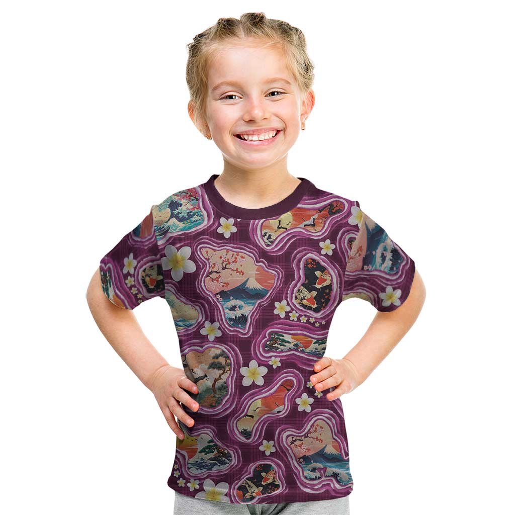 Hawaii Islands Map Design with Japanese Landscape Kid T Shirt Hawaiian Japan Fusion Art Pink Color