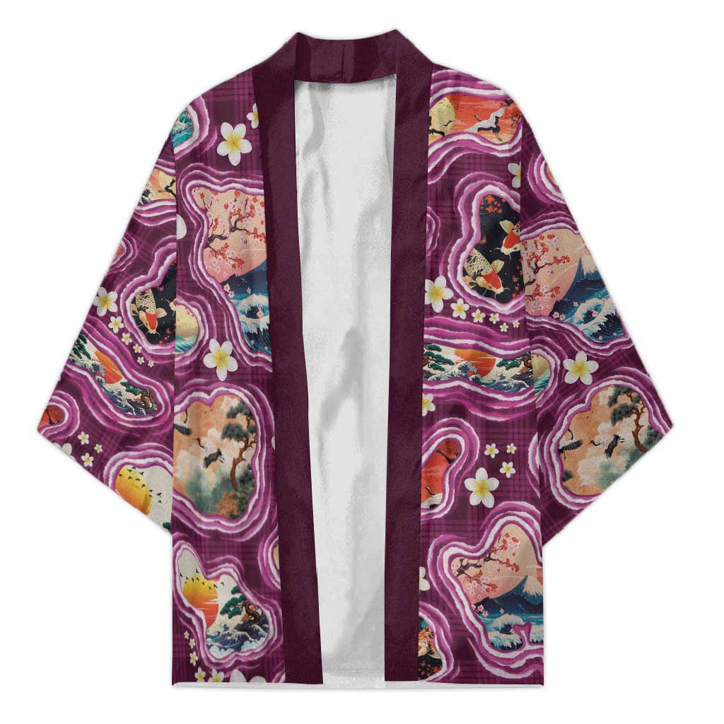 Hawaii Islands Map Design with Japanese Landscape Kimono Hawaiian Japan Fusion Art Pink Color