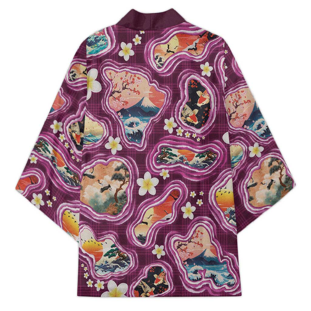 Hawaii Islands Map Design with Japanese Landscape Kimono Hawaiian Japan Fusion Art Pink Color