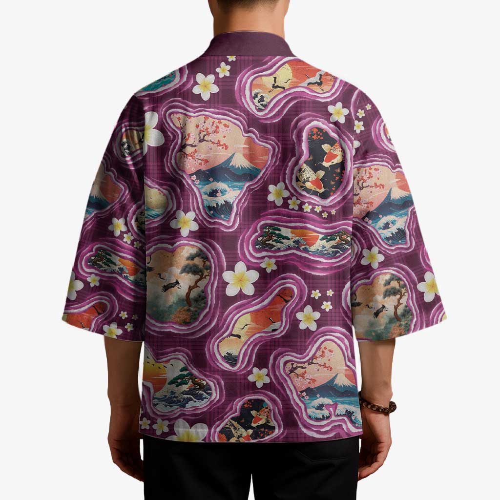 Hawaii Islands Map Design with Japanese Landscape Kimono Hawaiian Japan Fusion Art Pink Color