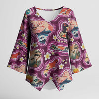 Hawaii Islands Map Design with Japanese Landscape Kimono Sleeve Blouse Hawaiian Japan Fusion Art Pink Color