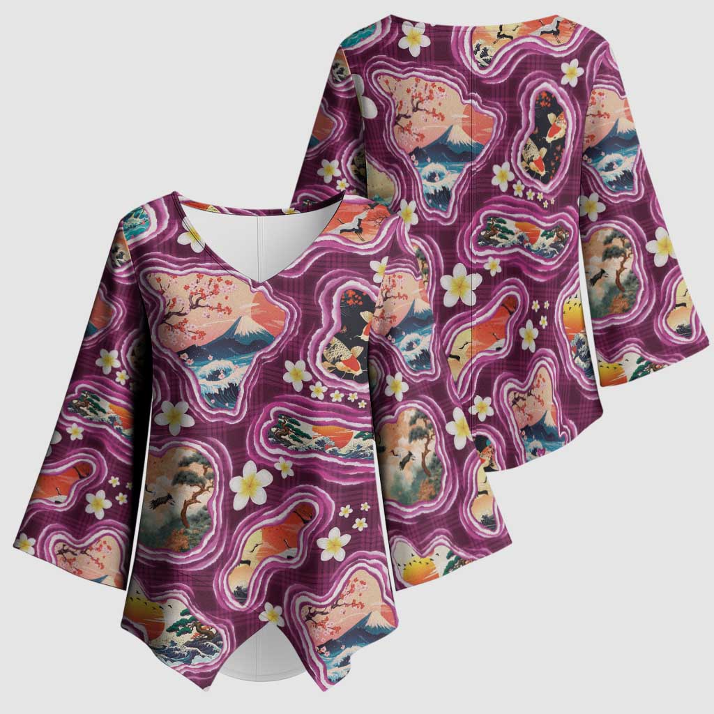 Hawaii Islands Map Design with Japanese Landscape Kimono Sleeve Blouse Hawaiian Japan Fusion Art Pink Color