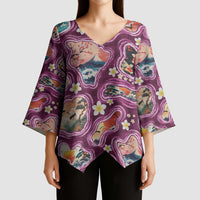 Hawaii Islands Map Design with Japanese Landscape Kimono Sleeve Blouse Hawaiian Japan Fusion Art Pink Color