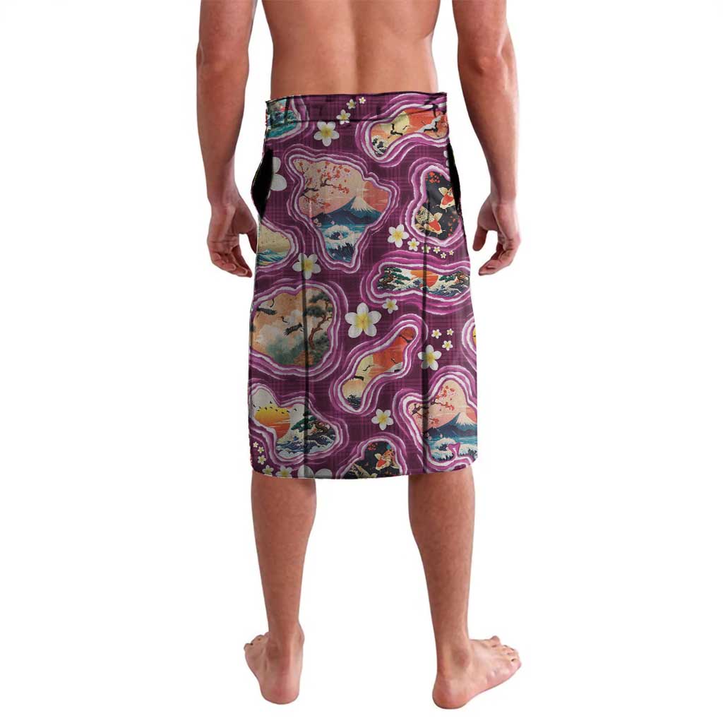Hawaii Islands Map Design with Japanese Landscape Lavalava Hawaiian Japan Fusion Art Pink Color