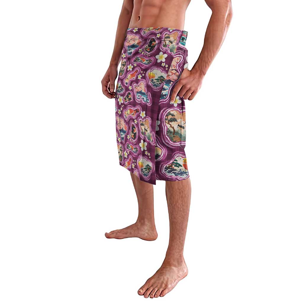 Hawaii Islands Map Design with Japanese Landscape Lavalava Hawaiian Japan Fusion Art Pink Color