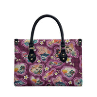 Hawaii Islands Map Design with Japanese Landscape Leather Bag Hawaiian Japan Fusion Art Pink Color