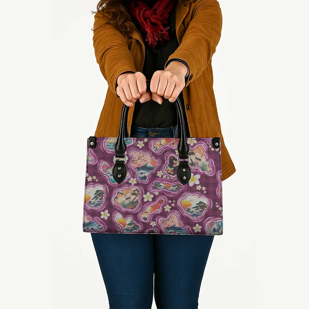 Hawaii Islands Map Design with Japanese Landscape Leather Bag Hawaiian Japan Fusion Art Pink Color