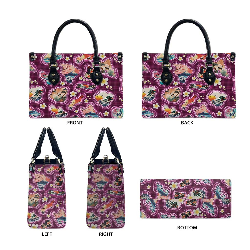 Hawaii Islands Map Design with Japanese Landscape Leather Bag Hawaiian Japan Fusion Art Pink Color