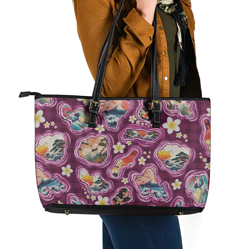 Hawaii Islands Map Design with Japanese Landscape Leather Tote Bag Hawaiian Japan Fusion Art Pink Color