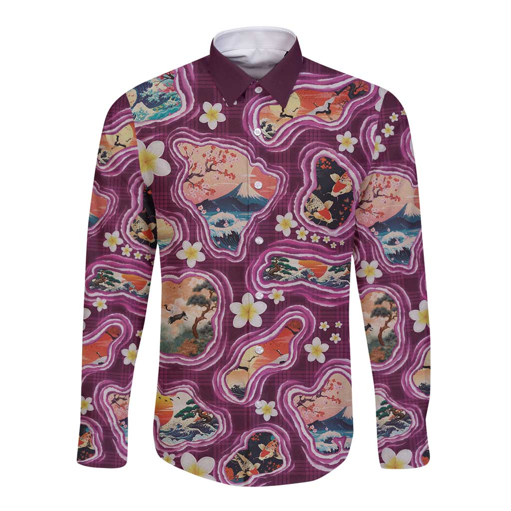 Hawaii Islands Map Design with Japanese Landscape Long Sleeve Button Shirt Hawaiian Japan Fusion Art Pink Color LT03 Unisex Pink - Polynesian Pride