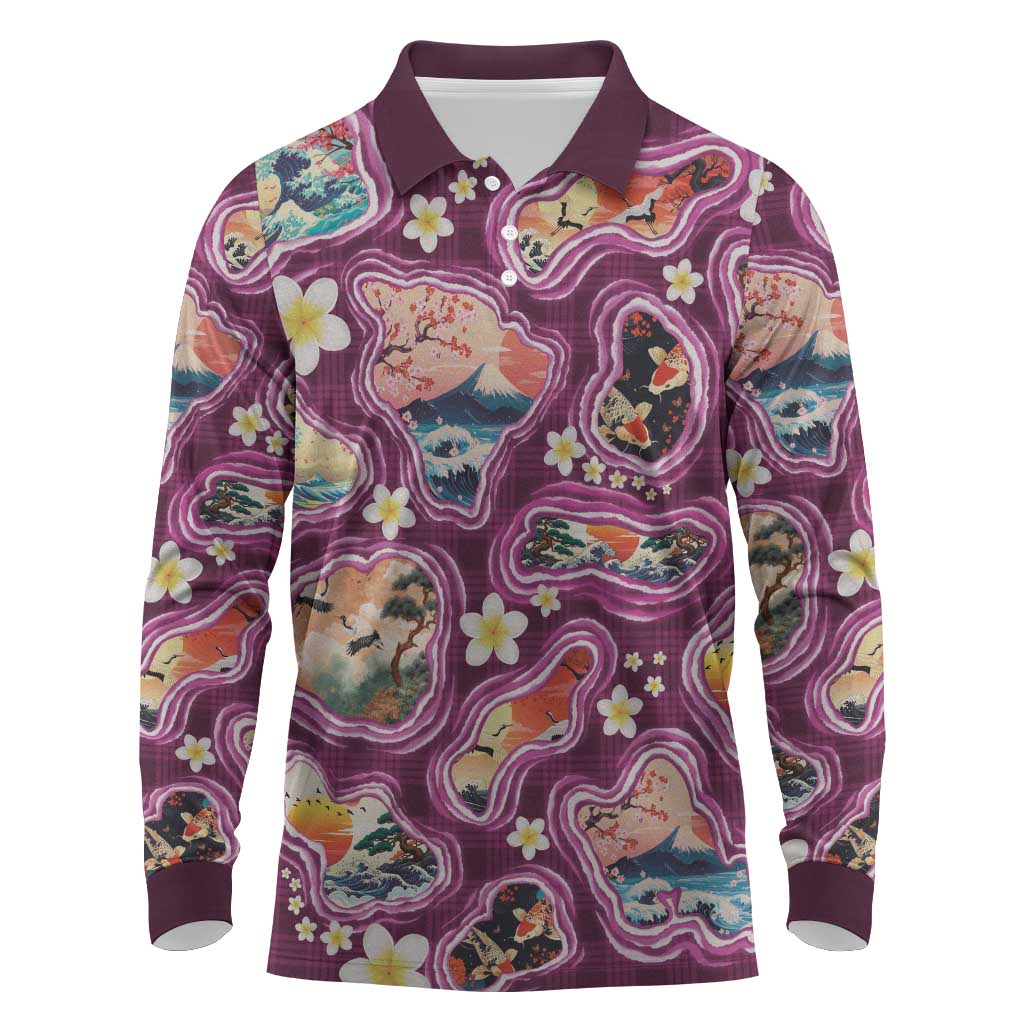 Hawaii Islands Map Design with Japanese Landscape Long Sleeve Polo Shirt Hawaiian Japan Fusion Art Pink Color LT03 Pink - Polynesian Pride