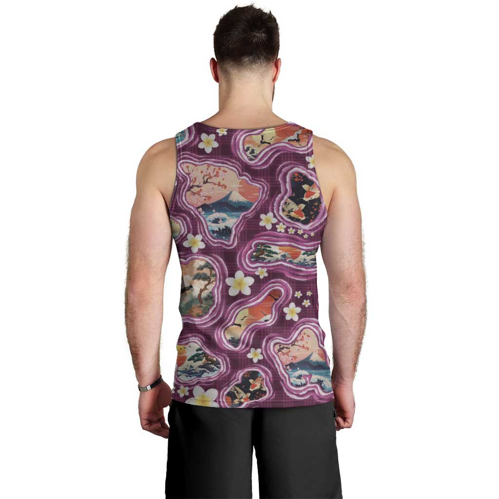 Hawaii Islands Map Design with Japanese Landscape Men Tank Top Hawaiian Japan Fusion Art Pink Color