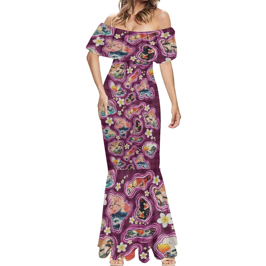 Hawaii Islands Map Design with Japanese Landscape Mermaid Dress Hawaiian Japan Fusion Art Pink Color LT03 - Polynesian Pride