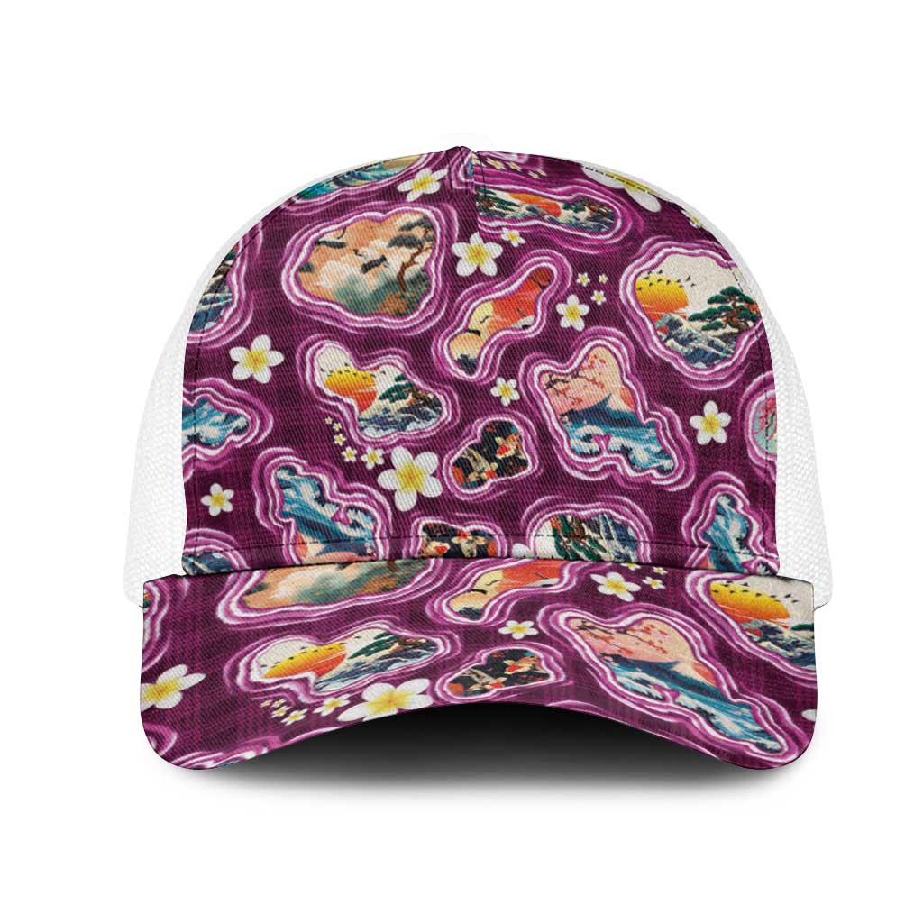 Hawaii Islands Map Design with Japanese Landscape Mesh Trucker Cap Hawaiian Japan Fusion Art Pink Color
