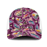 Hawaii Islands Map Design with Japanese Landscape Mesh Trucker Cap Hawaiian Japan Fusion Art Pink Color
