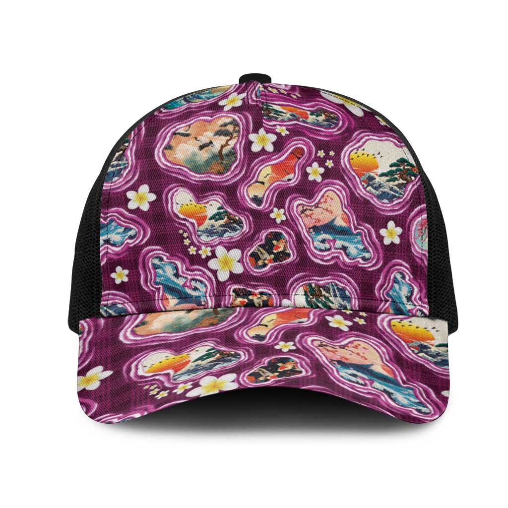 Hawaii Islands Map Design with Japanese Landscape Mesh Trucker Cap Hawaiian Japan Fusion Art Pink Color