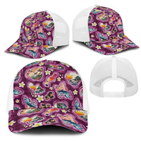 Hawaii Islands Map Design with Japanese Landscape Mesh Trucker Cap Hawaiian Japan Fusion Art Pink Color